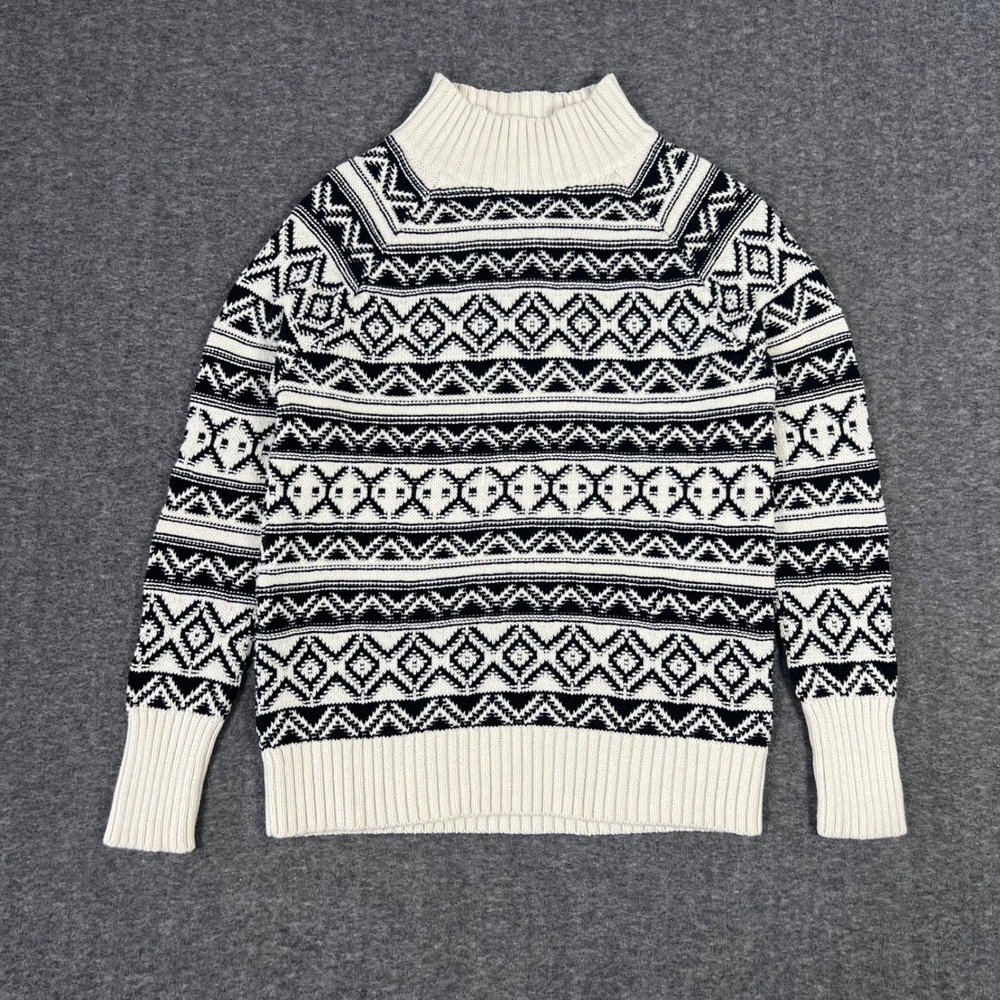 Chaps Fair Isle Sweater Womens Small Black White Mock Neck Nordic Geometric Knit